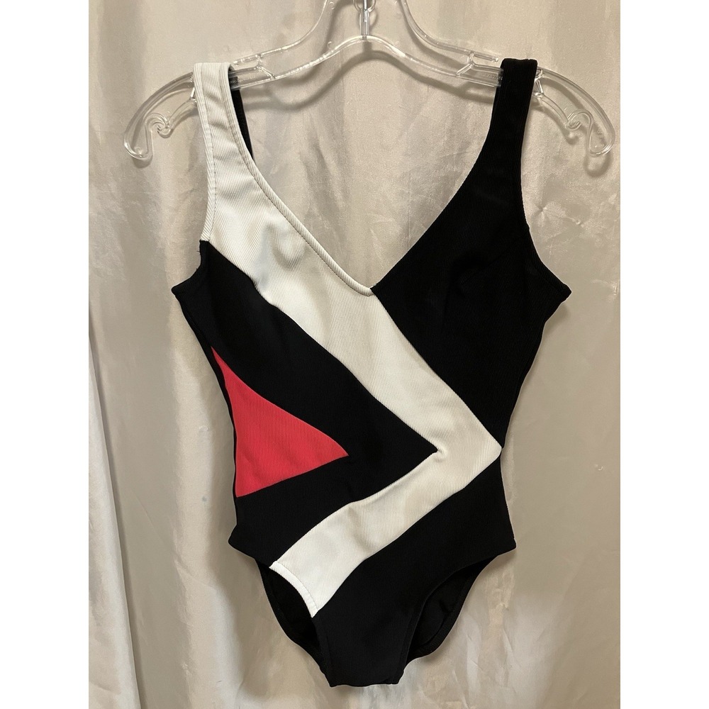 VTG Mainstream Brand One Piece Color block Swimsuit Bathing Suit Black White Red